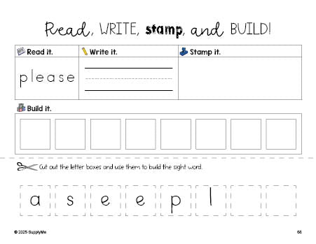 Free kindergarten worksheet, read, write, stamp, and build the beginner sight word for kindergarteners and high frequency word 'please', eighth 100 fry sight words, Dolch primer, PDF