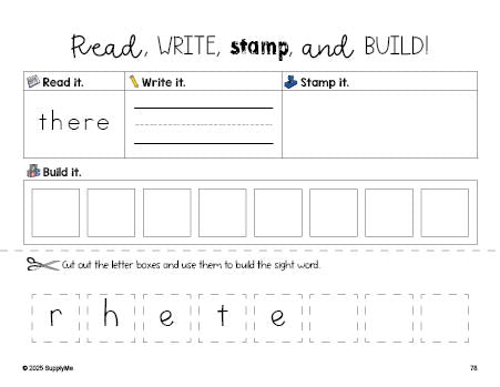 Free kindergarten worksheet, read, write, stamp, and build the beginner sight word for kindergarteners and high frequency word 'there', first 100 fry sight words, Dolch primer, PDF