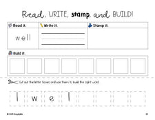 Free kindergarten worksheet, read, write, stamp, and build the beginner sight word for kindergarteners and high frequency word 'well', second 100 fry sight words, Dolch primer, PDF