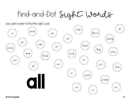 Free kindergarten worksheet, sight word dot marker printable coloring page, beginner sight word for kindergarteners and high frequency word 'all', first 100 fry sight words, Dolch primer, PDF