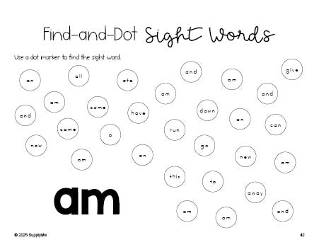 Free kindergarten worksheet, sight word dot marker printable coloring page, beginner sight word for kindergarteners and high frequency word 'am', first 100 fry sight words, Dolch primer, PDF