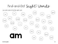 Free kindergarten worksheet, sight word dot marker printable coloring page, beginner sight word for kindergarteners and high frequency word 'am', first 100 fry sight words, Dolch primer, PDF