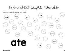 Free kindergarten worksheet, sight word dot marker printable coloring page, beginner sight word for kindergarteners and high frequency word 'ate', Dolch primer, PDF