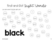 Free kindergarten worksheet, sight word dot marker printable coloring page, beginner sight word for kindergarteners and high frequency word 'black', fourth 100 fry sight words, Dolch primer, PDF