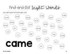 Free kindergarten worksheet, sight word dot marker printable coloring page, beginner sight word for kindergarteners and high frequency word 'came', second 100 fry sight words, Dolch primer, PDF