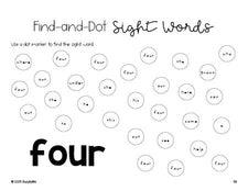 Free kindergarten worksheet, sight word dot marker printable coloring page, beginner sight word for kindergarteners and high frequency word 'four', third 100 fry sight words, Dolch primer, PDF