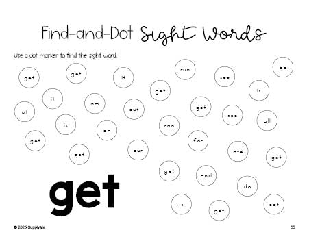 Free kindergarten worksheet, sight word dot marker printable coloring page, beginner sight word for kindergarteners and high frequency word 'get', first 100 fry sight words, Dolch primer, PDF