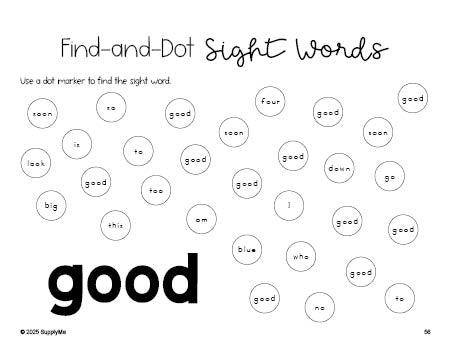 Free kindergarten worksheet, sight word dot marker printable coloring page, beginner sight word for kindergarteners and high frequency word 'good', second 100 fry sight words, Dolch primer, PDF