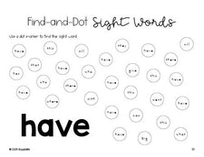 Free kindergarten worksheet, sight word dot marker printable coloring page, beginner sight word for kindergarteners and high frequency word 'have', first 100 fry sight words, Dolch primer, PDF