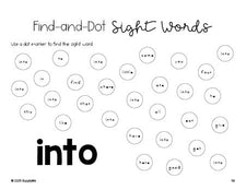 Free kindergarten worksheet, sight word dot marker printable coloring page, beginner sight word for kindergarteners and high frequency word 'into', first 100 fry sight words, Dolch primer, PDF