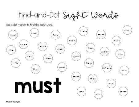 Free kindergarten worksheet, sight word dot marker printable coloring page, beginner sight word for kindergarteners and high frequency word 'must', second 100 fry sight words, Dolch primer, PDF