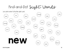 Free kindergarten worksheet, sight word dot marker printable coloring page, beginner sight word for kindergarteners and high frequency word 'new', second 100 fry sight words, Dolch primer, PDF