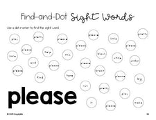 Free kindergarten worksheet, sight word dot marker printable coloring page, beginner sight word for kindergarteners and high frequency word 'please', eighth 100 fry sight words, Dolch primer, PDF