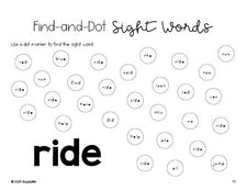 Free kindergarten worksheet, sight word dot marker printable coloring page, beginner sight word for kindergarteners and high frequency word 'ride', seventh 100 fry sight words, Dolch primer, PDF