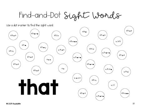 Free kindergarten worksheet, sight word dot marker printable coloring page, beginner sight word for kindergarteners and high frequency word 'that', first 100 fry sight words, Dolch primer, PDF