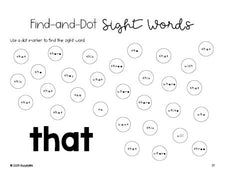 Free kindergarten worksheet, sight word dot marker printable coloring page, beginner sight word for kindergarteners and high frequency word 'that', first 100 fry sight words, Dolch primer, PDF