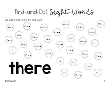 Free kindergarten worksheet, sight word dot marker printable coloring page, beginner sight word for kindergarteners and high frequency word 'there', first 100 fry sight words, Dolch primer, PDF