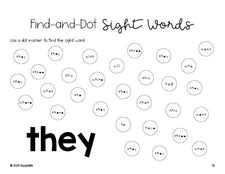 Free kindergarten worksheet, sight word dot marker printable coloring page, beginner sight word for kindergarteners and high frequency word 'they', first 100 fry sight words, Dolch primer, PDF