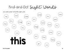 Free kindergarten worksheet, sight word dot marker printable coloring page, beginner sight word for kindergarteners and high frequency word 'this', first 100 fry sight words, Dolch primer, PDF