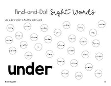 Free kindergarten worksheet, sight word dot marker printable coloring page, beginner sight word for kindergarteners and high frequency word 'under', third 100 fry sight words, Dolch primer, PDF