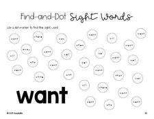 Free kindergarten worksheet, sight word dot marker printable coloring page, beginner sight word for kindergarteners and high frequency word 'want', second 100 fry sight words, Dolch primer, PDF