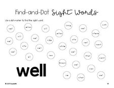 Free kindergarten worksheet, sight word dot marker printable coloring page, beginner sight word for kindergarteners and high frequency word 'well', second 100 fry sight words, Dolch primer, PDF