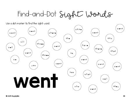 Free kindergarten worksheet, sight word dot marker printable coloring page, beginner sight word for kindergarteners and high frequency word 'went', second 100 fry sight words, Dolch primer, PDF