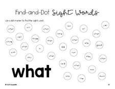 Free kindergarten worksheet, sight word dot marker printable coloring page, beginner sight word for kindergarteners and high frequency word 'what', first 100 fry sight words, Dolch primer, PDF