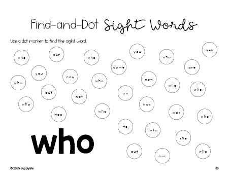 Free kindergarten worksheet, sight word dot marker printable coloring page, beginner sight word for kindergarteners and high frequency word 'who', first 100 fry sight words, Dolch primer, PDF