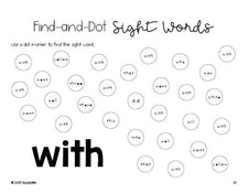 Free kindergarten worksheet, sight word dot marker printable coloring page, beginner sight word for kindergarteners and high frequency word 'with', first 100 fry sight words, Dolch primer, PDF