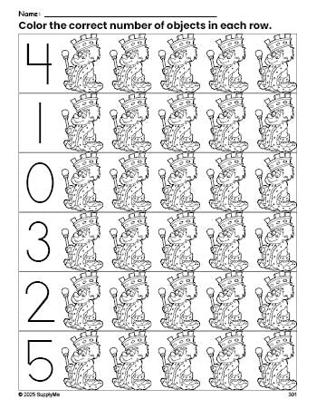 Free printable king count and color worksheet for preschoolers, king coloring page and counting worksheet numbers 0-5, PDF