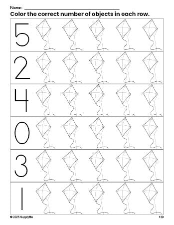 Free printable kite count and color worksheet for preschoolers, kite coloring page and counting worksheet numbers 0-5, PDF