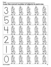 Free printable knight count and color worksheet for preschoolers, knight coloring page and counting worksheet numbers 0-5, PDF