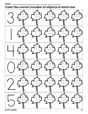 Free printable leaf fall count and color worksheet for preschoolers, fall coloring page and counting worksheet numbers 0-5, PDF