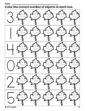 Free printable leaf fall count and color worksheet for preschoolers, fall coloring page and counting worksheet numbers 0-5, PDF