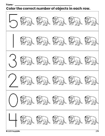 Free printable lion count and color worksheet for preschoolers, lion coloring page and counting worksheet numbers 0-5, PDF