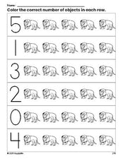 Free printable lion count and color worksheet for preschoolers, lion coloring page and counting worksheet numbers 0-5, PDF