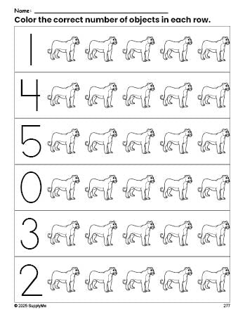 Free printable lion count and color worksheet for preschoolers, lion coloring page and counting worksheet numbers 0-5, PDF