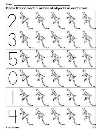 Free printable lizard count and color worksheet for preschoolers, lizard coloring page and counting worksheet numbers 0-5, PDF