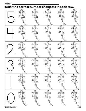 Free printable lizard count and color worksheet for preschoolers, lizard coloring page and counting worksheet numbers 0-5, PDF