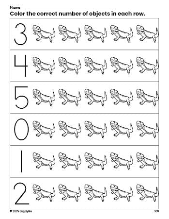 Free printable lizard count and color worksheet for preschoolers, lizard coloring page and counting worksheet numbers 0-5, PDF