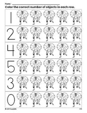 Free printable lizard count and color worksheet for preschoolers, lizard coloring page and counting worksheet numbers 0-5, PDF