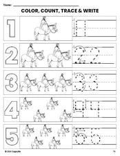 Free printable Mary Christmas coloring page and number tracing worksheet, numbers 1-5 counting worksheet for preschool and pre-k