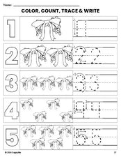 Free printable mistletoe Christmas coloring page and number tracing worksheet, numbers 1-5 counting worksheet for preschool and pre-k