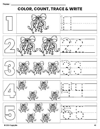 Free printable mistletoe Christmas coloring page and number tracing worksheet, numbers 1-5 counting worksheet for preschool and pre-k