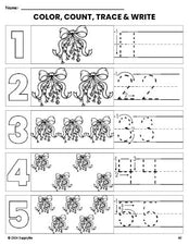 Free printable mistletoe Christmas coloring page and number tracing worksheet, numbers 1-5 counting worksheet for preschool and pre-k