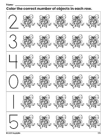 Free printable mistletoe Christmas count and color worksheet for preschoolers, Christmas coloring page and counting worksheet numbers 0-5, PDF