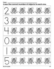 Free printable mistletoe Christmas count and color worksheet for preschoolers, Christmas coloring page and counting worksheet numbers 0-5, PDF