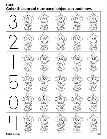 Free printable monkey count and color worksheet for preschoolers, monkey coloring page and counting worksheet numbers 0-5, PDF