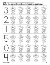 Free printable monkey count and color worksheet for preschoolers, monkey coloring page and counting worksheet numbers 0-5, PDF